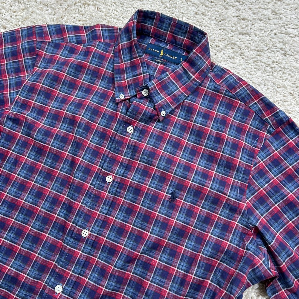 Ralph Lauren Button Down Shirt Large Red Blue Plaid Short Sleeve Custom Fit New